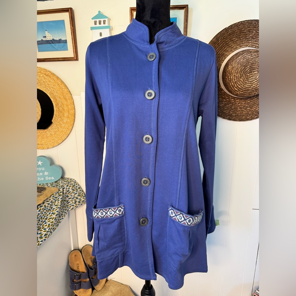 Coldwater Creek Duster Cardigan Blue Chambray Fleece Lined Pocket Raw Hem Small